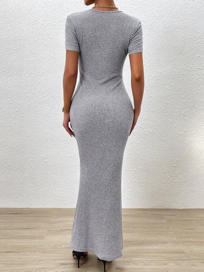 Bodycon Dresses- Solid Bodycon Maxi Dress with Short Sleeves- - IndioGear Fashion and Gear