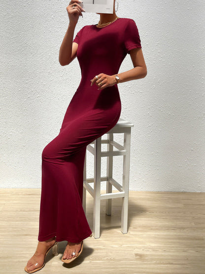 Bodycon Dresses- Solid Bodycon Maxi Dress with Short Sleeves- - IndioGear Fashion and Gear