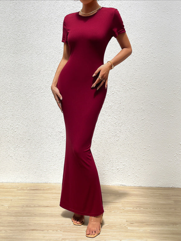 Bodycon Dresses- Solid Bodycon Maxi Dress with Short Sleeves- - IndioGear Fashion and Gear