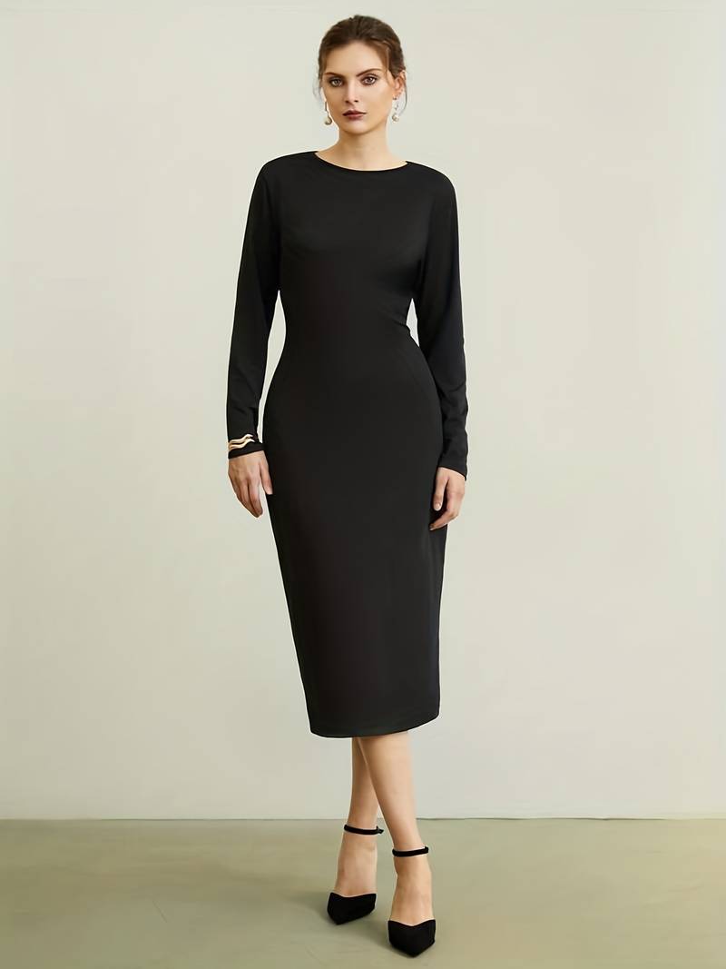 Solid Long Sleeve Easy Fit Business Casual Bodycon Midi Dress | Bodycon Dresses | Pekosa Women Clothing