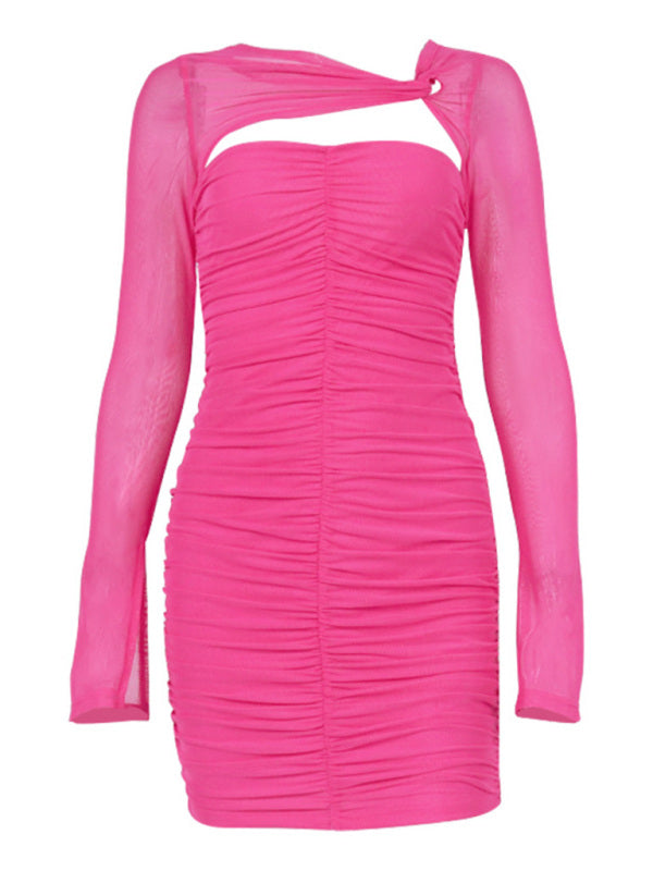 Bodycon Dresses- Solid Ruched Bandage Dress with Long Sleeve- - IndioGear Fashion and Gear