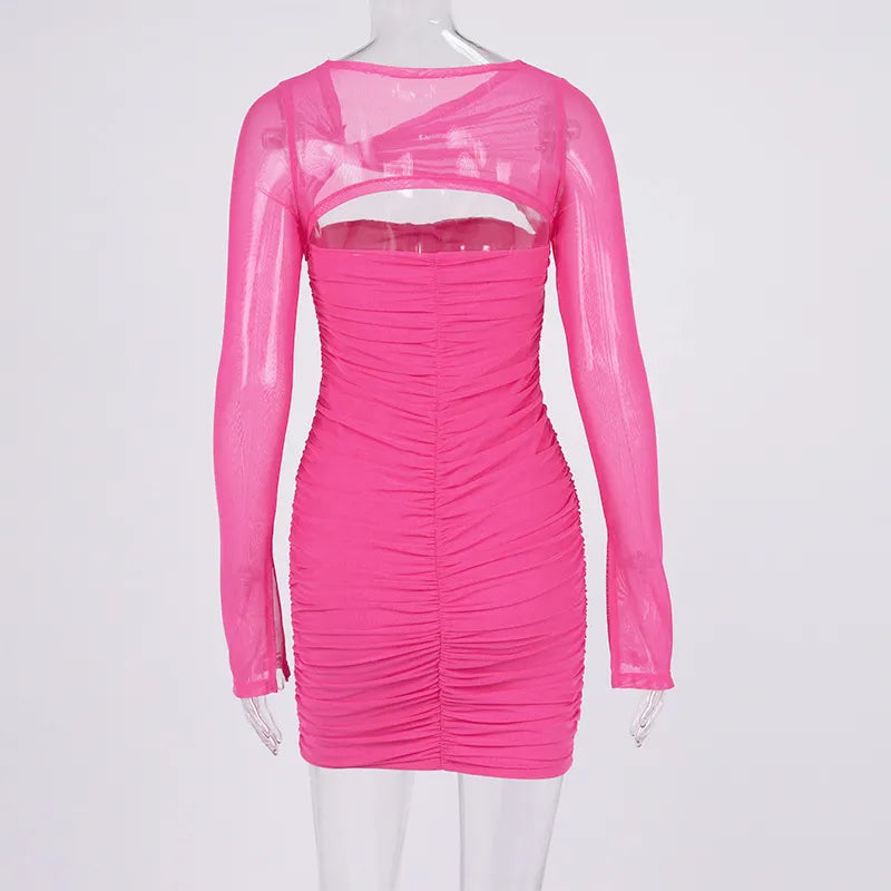 Bodycon Dresses- Solid Ruched Bandage Dress with Long Sleeve- - IndioGear Fashion and Gear