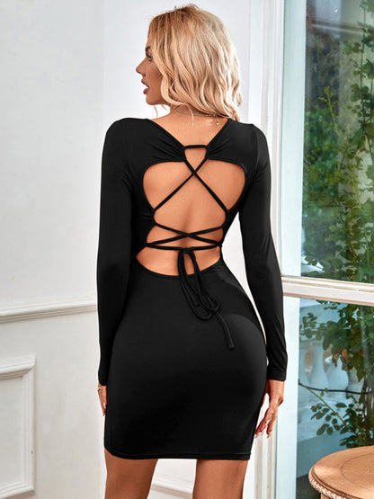 Bodycon Dresses- Solid Square Neck Backless Bodycon Dress with Long Sleeves- - IndioGear Fashion and Gear