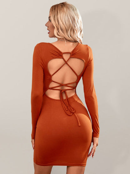 Bodycon Dresses- Solid Square Neck Backless Bodycon Dress with Long Sleeves- caramel- IndioGear Fashion and Gear