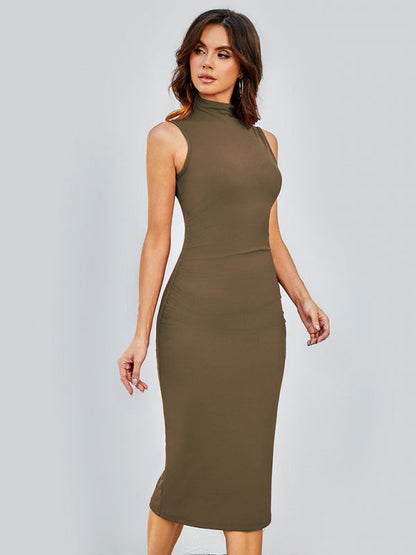 Bodycon Dresses-Solid Tight Body-Hugging Sleeveless Midi Dress-Pekosa Women Clothing