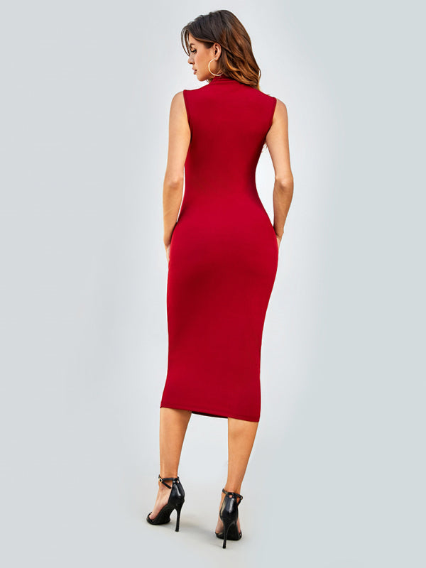 Bodycon Dresses-Solid Tight Body-Hugging Sleeveless Midi Dress-Pekosa Women Clothing