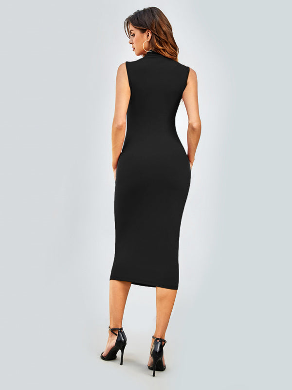 Bodycon Dresses-Solid Tight Body-Hugging Sleeveless Midi Dress-Pekosa Women Clothing