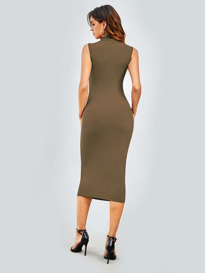 Bodycon Dresses-Solid Tight Body-Hugging Sleeveless Midi Dress-Pekosa Women Clothing