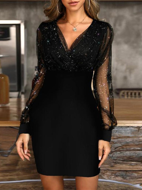 Bodycon Dresses- Sparkle Body-Hugging Surplice V-Neck Mini Dress- Black- IndioGear Clothing and Gear