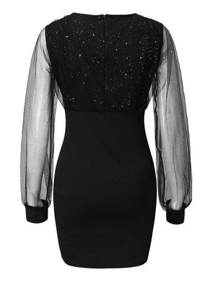 Bodycon Dresses- Sparkle Body-Hugging Surplice V-Neck Mini Dress- - IndioGear Clothing and Gear