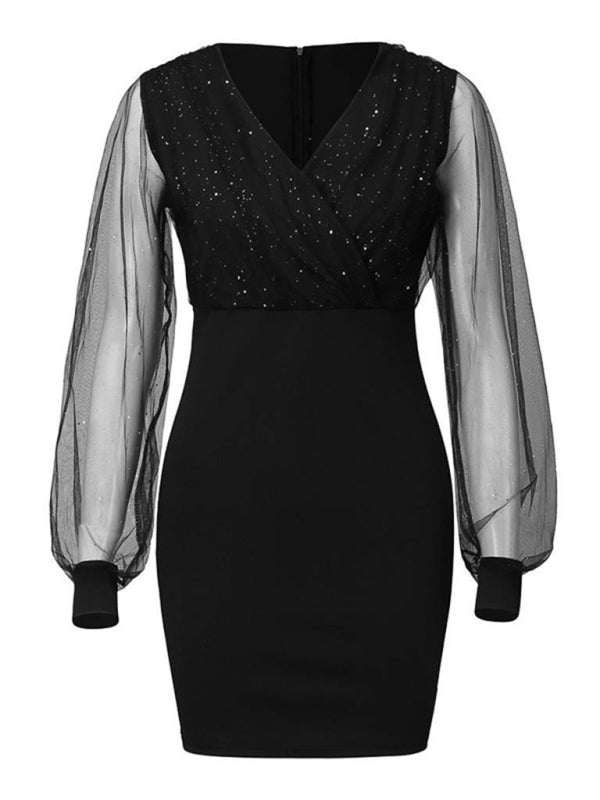 Bodycon Dresses- Sparkle Body-Hugging Surplice V-Neck Mini Dress- - IndioGear Clothing and Gear