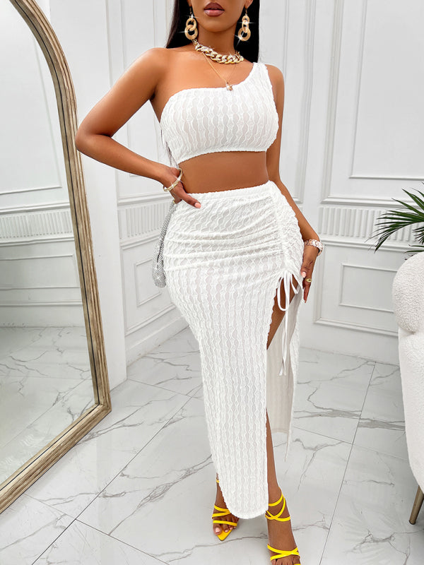 Bodycon Outfits- Women's Textured Bodycon 2-Piece | One Shoulder Crop Top and Slit Maxi Skirt- - IndioGear Fashion and Gear