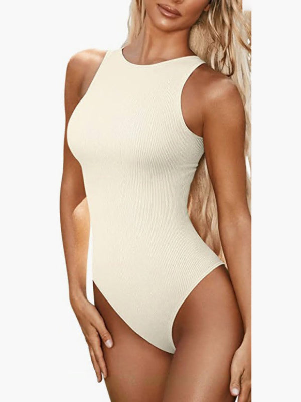 Bodysuits- Contoured Fitted Textured Crew Neck Tank Bodysuit Top- Cream- IndioGear Clothing and Gear