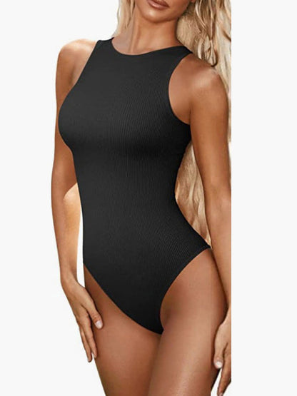 Bodysuits- Contoured Fitted Textured Crew Neck Tank Bodysuit Top- Black- IndioGear Clothing and Gear