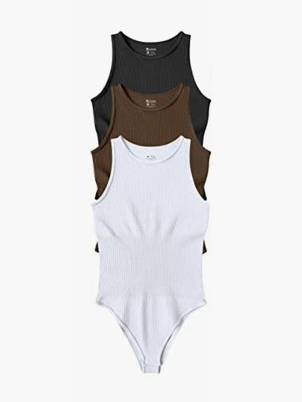 Bodysuits- Contoured Fitted Textured Crew Neck Tank Bodysuit Top- - IndioGear Clothing and Gear