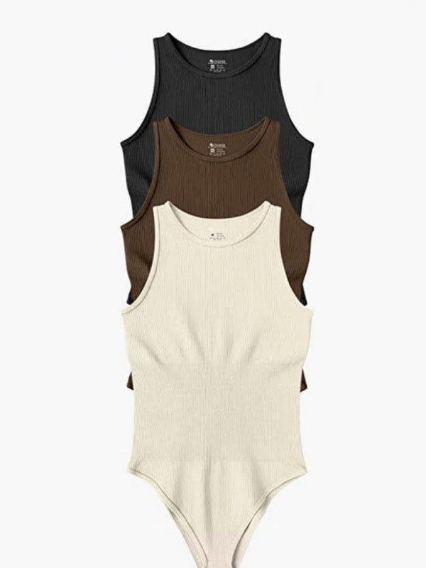 Bodysuits- Contoured Fitted Textured Crew Neck Tank Bodysuit Top- - IndioGear Clothing and Gear