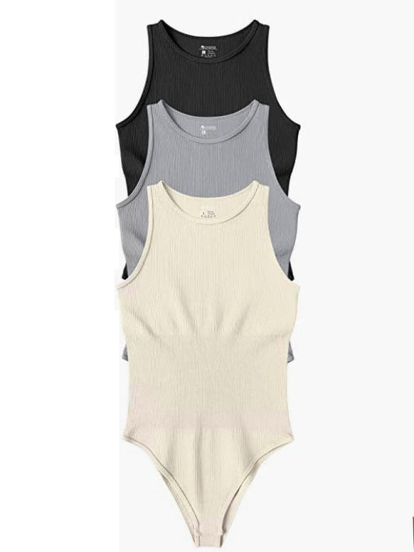 Bodysuits- Contoured Fitted Textured Crew Neck Tank Bodysuit Top- - IndioGear Clothing and Gear