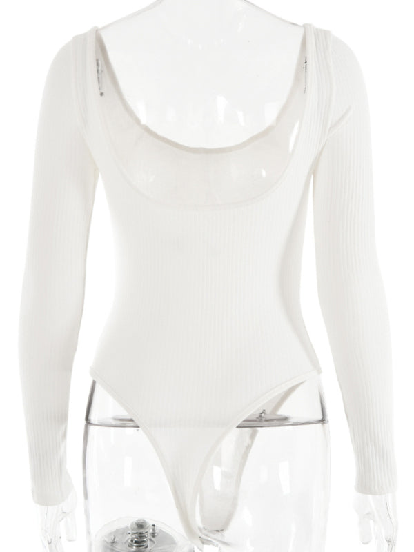 Bodysuits- Long Sleeve Bodysuit in Solid Ribbed- - IndioGear Fashion and Gear