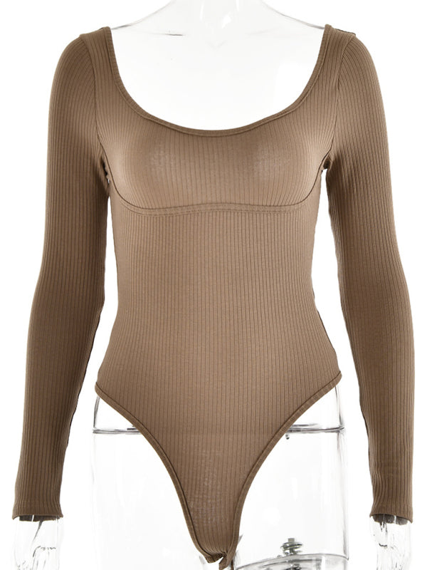 Bodysuits- Long Sleeve Bodysuit in Solid Ribbed- - IndioGear Fashion and Gear