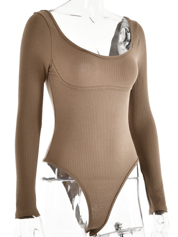 Bodysuits- Long Sleeve Bodysuit in Solid Ribbed- - IndioGear Fashion and Gear