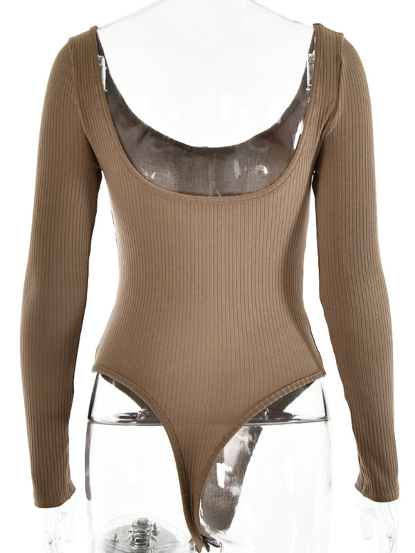 Bodysuits- Long Sleeve Bodysuit in Solid Ribbed- - IndioGear Fashion and Gear