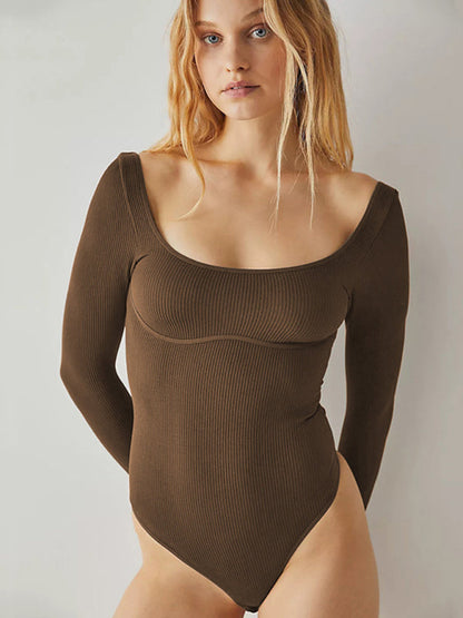 Bodysuits- Long Sleeve Bodysuit in Solid Ribbed- - IndioGear Fashion and Gear