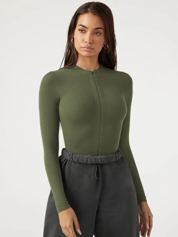 Bodysuits- Long Sleeve Zip-Up Bodysuit in Solid Hues- Green- IndioGear Fashion and Gear