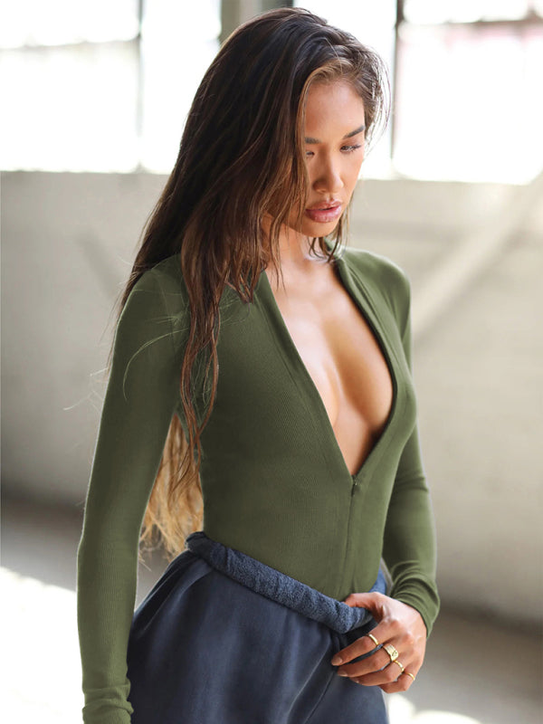 Bodysuits- Long Sleeve Zip-Up Bodysuit in Solid Hues- - IndioGear Fashion and Gear