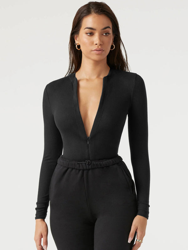 Bodysuits- Long Sleeve Zip-Up Bodysuit in Solid Hues- - IndioGear Fashion and Gear