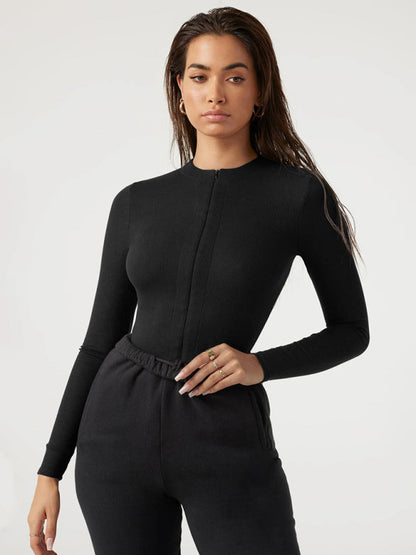 Bodysuits- Long Sleeve Zip-Up Bodysuit in Solid Hues- Black- IndioGear Fashion and Gear