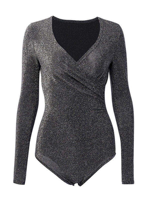 Bodysuits- Nighttime Elegance Sparkly Surplice V-Neck Bodysuit with Long Sleeve- - IndioGear Clothing and Gear