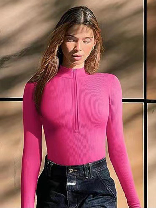 Bodysuits- Ribbed Fitted Bodysuit with Long Sleeves and Half Zip-Up- Rose- IndioGear Clothing and Gear