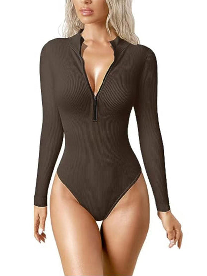 Bodysuits- Ribbed Fitted Bodysuit with Long Sleeves and Half Zip-Up- Brown- IndioGear Clothing and Gear