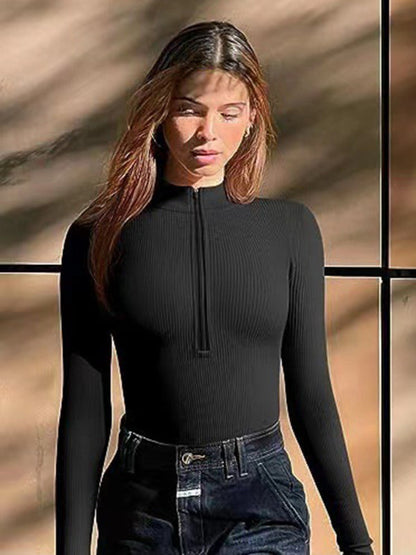 Bodysuits- Ribbed Fitted Bodysuit with Long Sleeves and Half Zip-Up- Black- IndioGear Clothing and Gear