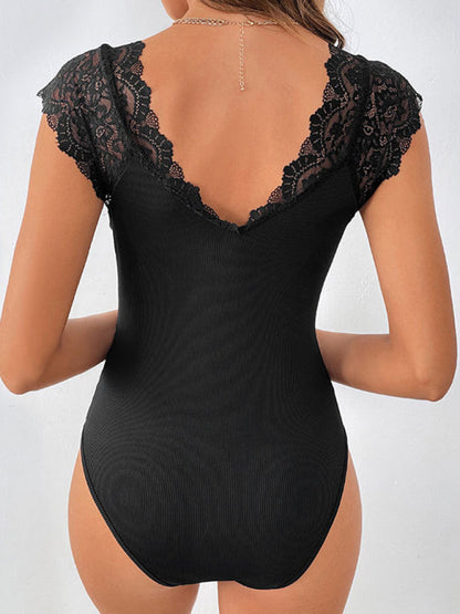 Bodysuits- Sleeveless Ribbed Bodysuit with V-Neck and Lace Accents- - IndioGear Fashion and Gear