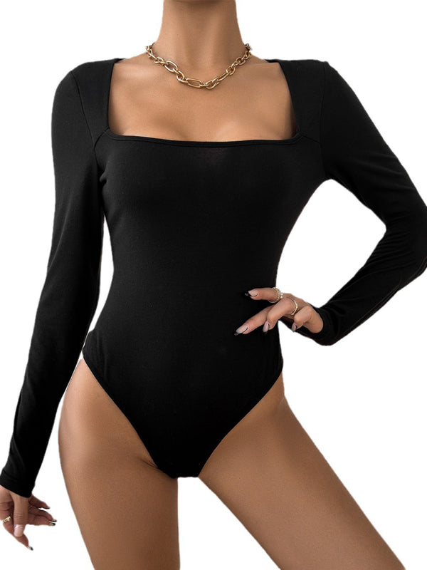 Bodysuits- Solid Essential Square Neck Long Sleeve Bodysuit- - IndioGear Fashion and Gear