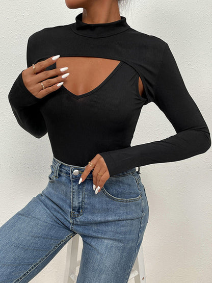 Bodysuits- Solid Ribbed Long Sleeve High Neck Tight Bodysuit- - IndioGear Fashion and Gear