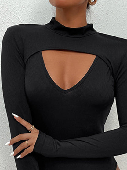 Bodysuits- Solid Ribbed Long Sleeve High Neck Tight Bodysuit- - IndioGear Fashion and Gear