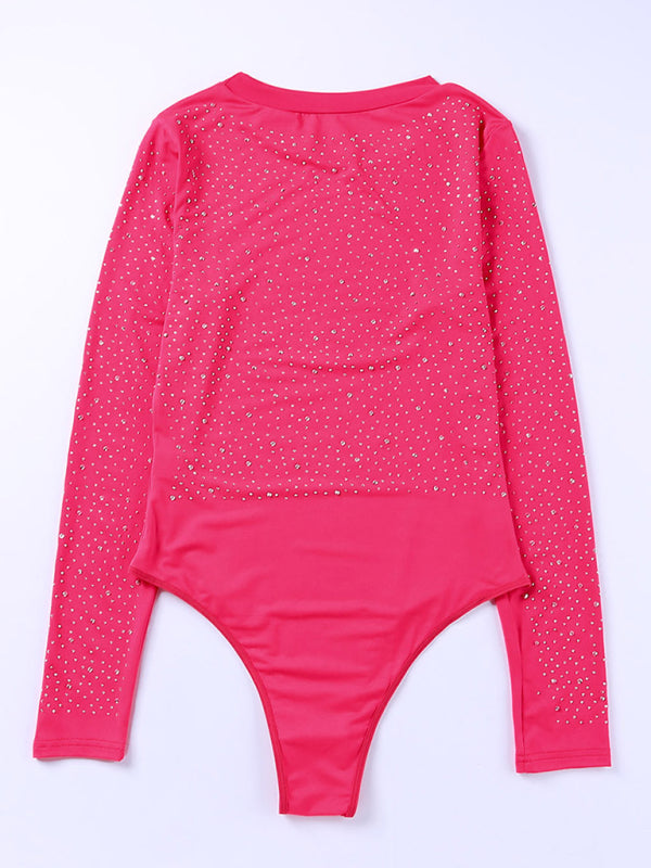 Bodysuits-Sparkle Long Sleeve Beaded Rhinestone Body Top-Pekosa Women Clothing