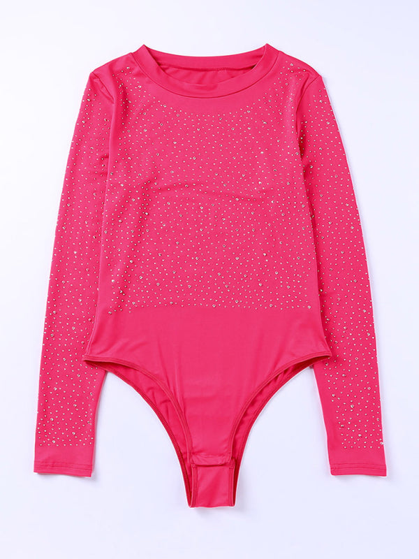 Bodysuits-Sparkle Long Sleeve Beaded Rhinestone Body Top-Pekosa Women Clothing