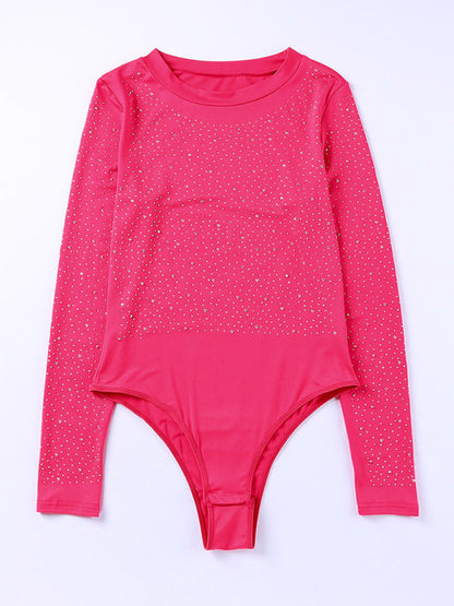 Bodysuits-Sparkle Long Sleeve Beaded Rhinestone Body Top-Pekosa Women Clothing