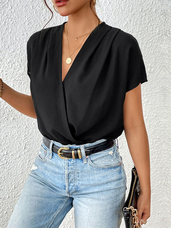 Bodysuits- Wrap-Style Bodysuit - Surplice V-Neck & Cap Sleeves Blouse- - IndioGear Fashion and Gear