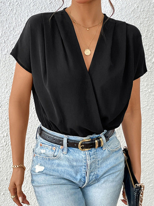 Bodysuits- Wrap-Style Bodysuit - Surplice V-Neck & Cap Sleeves Blouse- - IndioGear Fashion and Gear