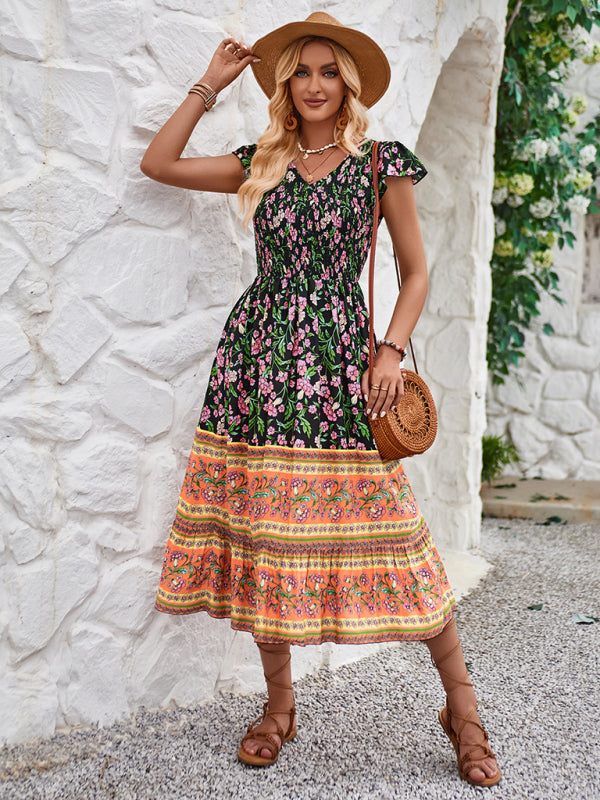 Boho Dresses-Boho A-Line Floral Midi Dress with Short Sleeves & Smocked Bodice-Pekosa Women Clothing