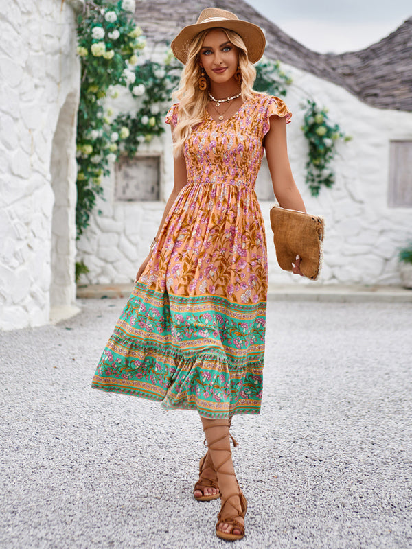 Boho Dresses-Boho A-Line Floral Midi Dress with Short Sleeves & Smocked Bodice-Pekosa Women Clothing