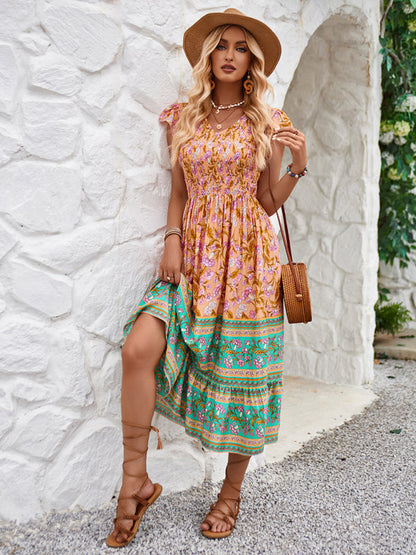 Boho Dresses-Boho A-Line Floral Midi Dress with Short Sleeves & Smocked Bodice-Pekosa Women Clothing