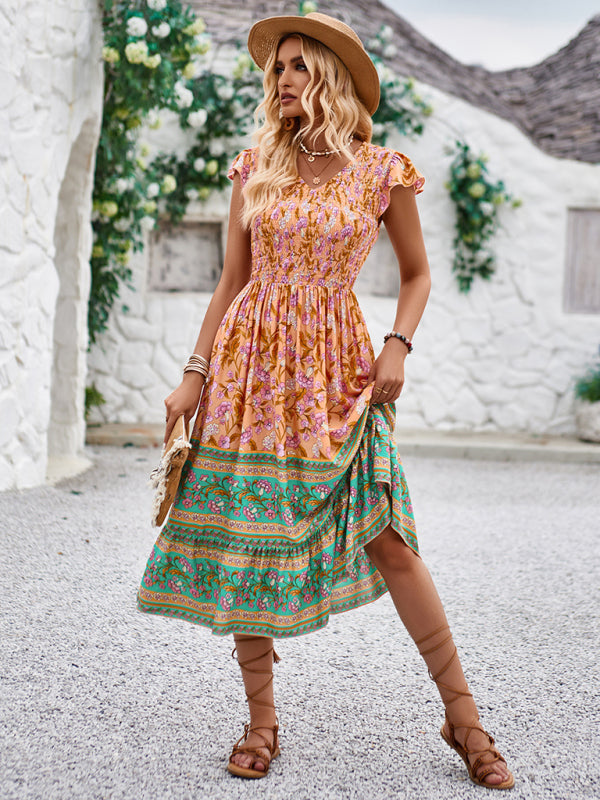 Boho Dresses-Boho A-Line Floral Midi Dress with Short Sleeves & Smocked Bodice-Pekosa Women Clothing