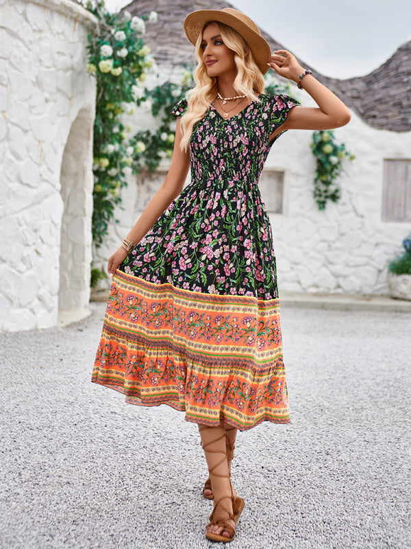 Boho Dresses-Boho A-Line Floral Midi Dress with Short Sleeves & Smocked Bodice-Pekosa Women Clothing