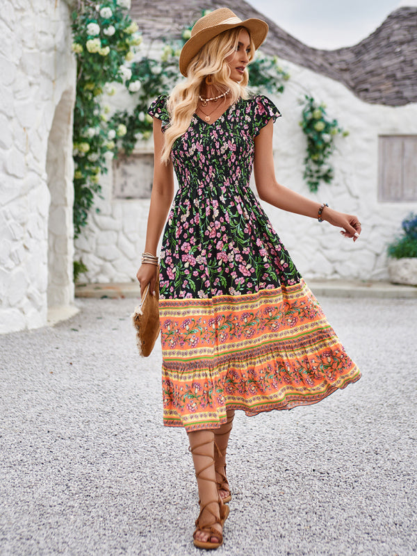 Boho Dresses-Boho A-Line Floral Midi Dress with Short Sleeves & Smocked Bodice-Pekosa Women Clothing