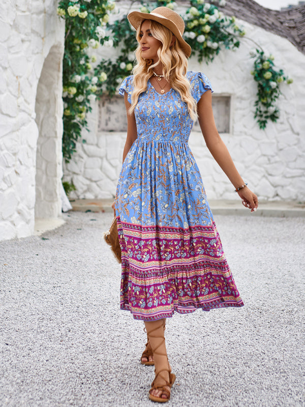 Boho Dresses-Boho A-Line Floral Midi Dress with Short Sleeves & Smocked Bodice-Pekosa Women Clothing